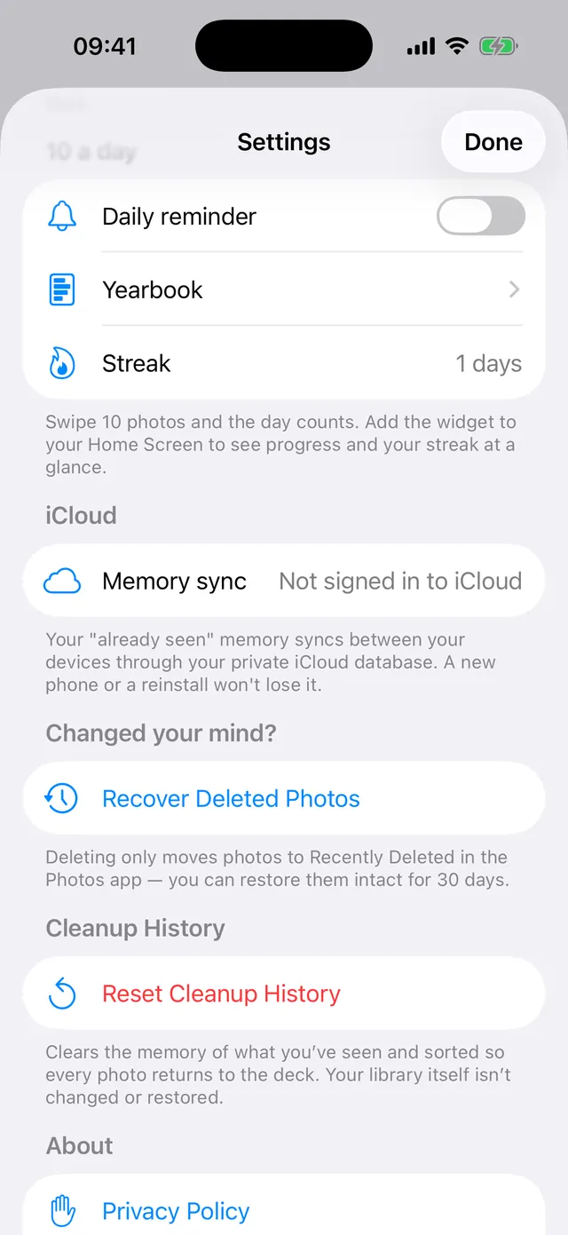 Settings showing iCloud memory sync and the 10-a-day section